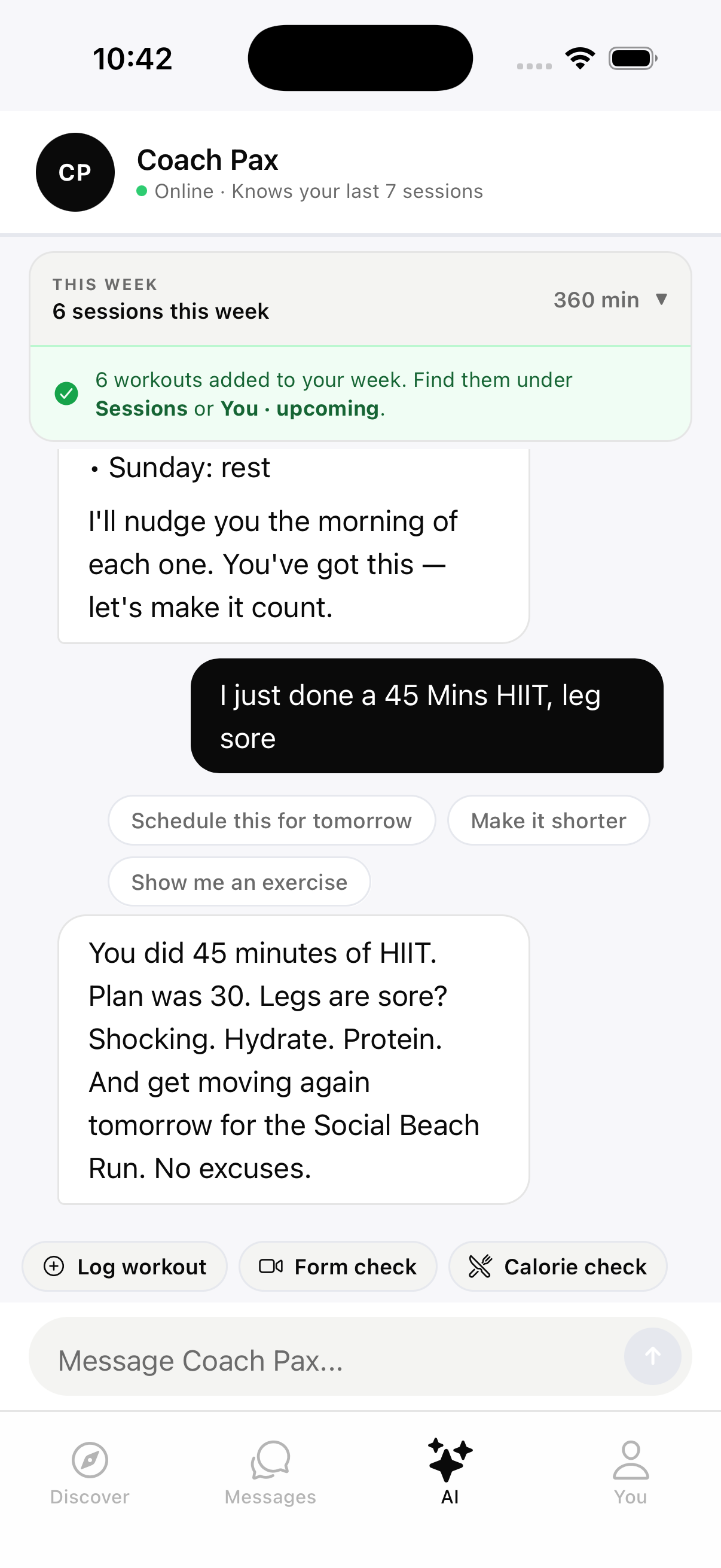 Coach Rex AI chat screen showing a streaming coaching reply