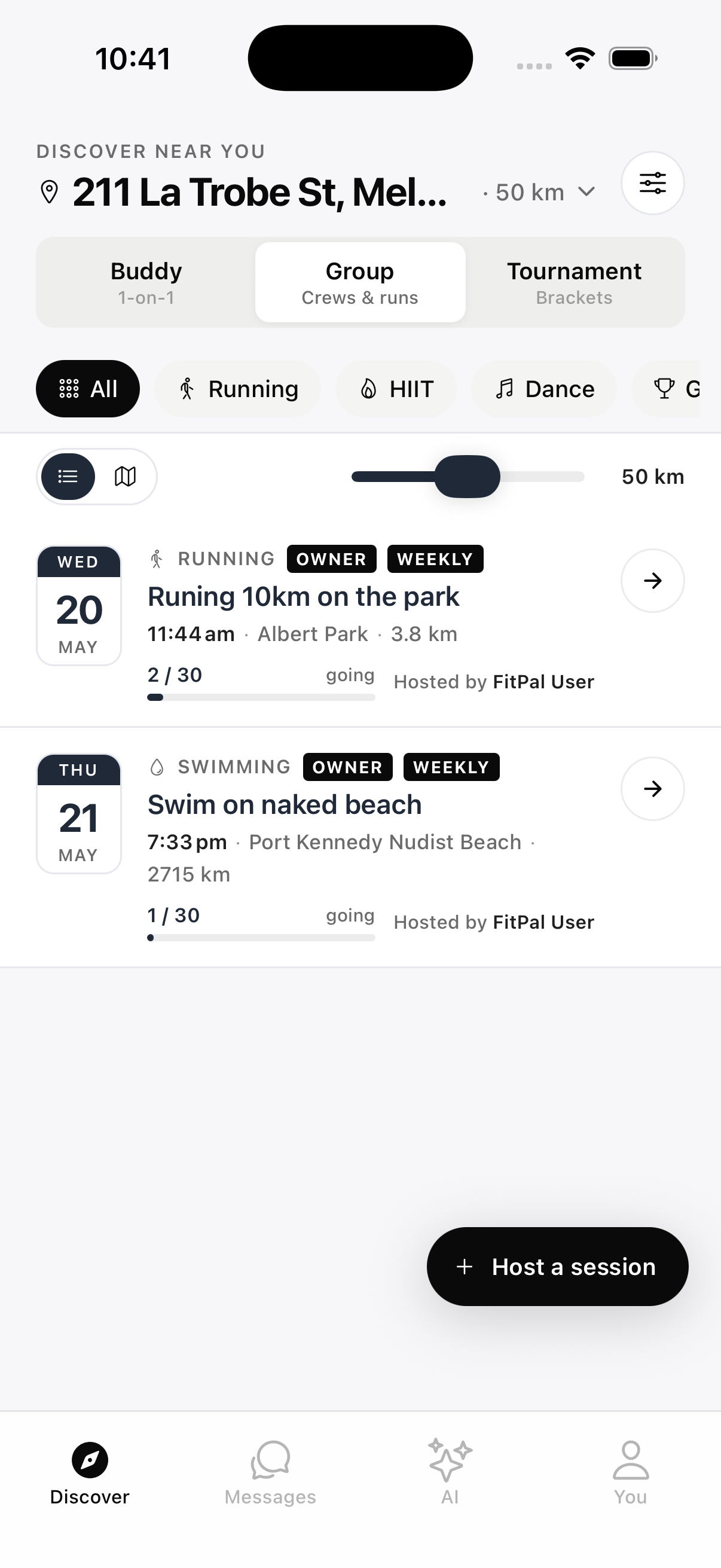 FitPal Discover screen showing nearby workout buddies and group sessions
